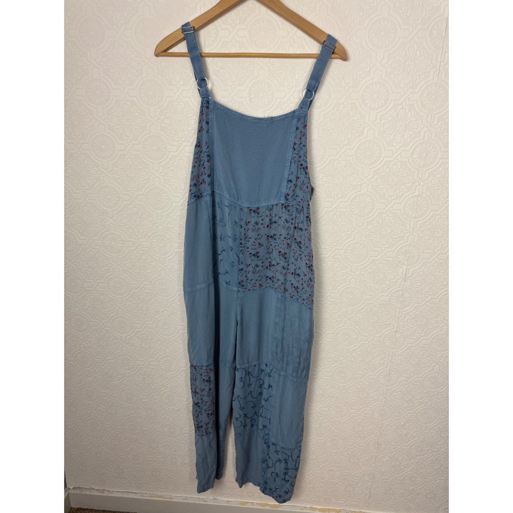 Papillon Blue Patchwork Boho Jumpsuit Floral Embroidered Artsy Overalls Medium - Picture 8 of 9